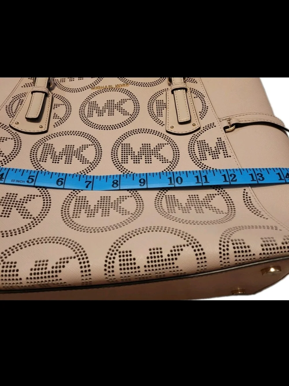 Michael Kors MK Logo Perforated Pink Blush Tote Shoulder Bag Gold Hardware